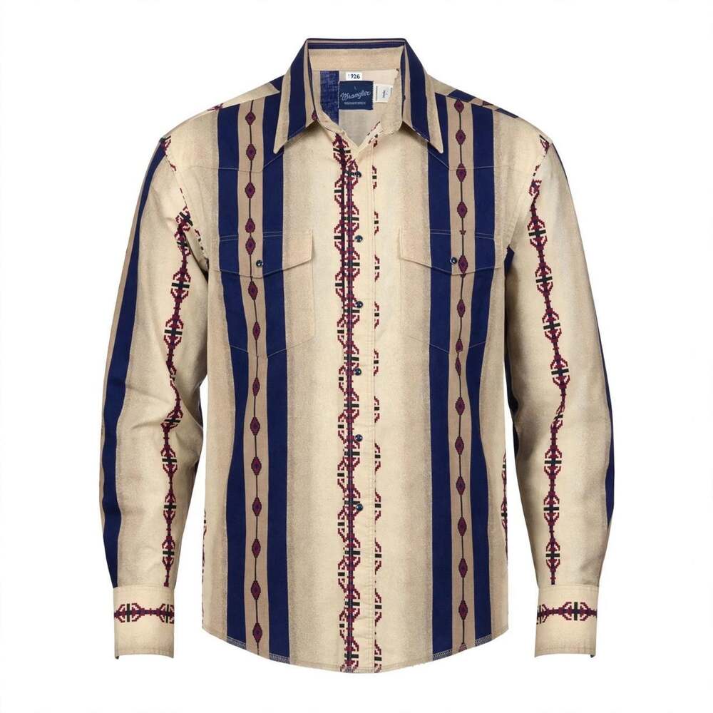 Wrangler Western Shirt Mens Large Beige Blue Aztec Southwestern Snap Long Sleeve